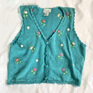 Coquette Cottage Core Tulip Flower Embroidered Knit Vest Mandala Bay XL Cotton